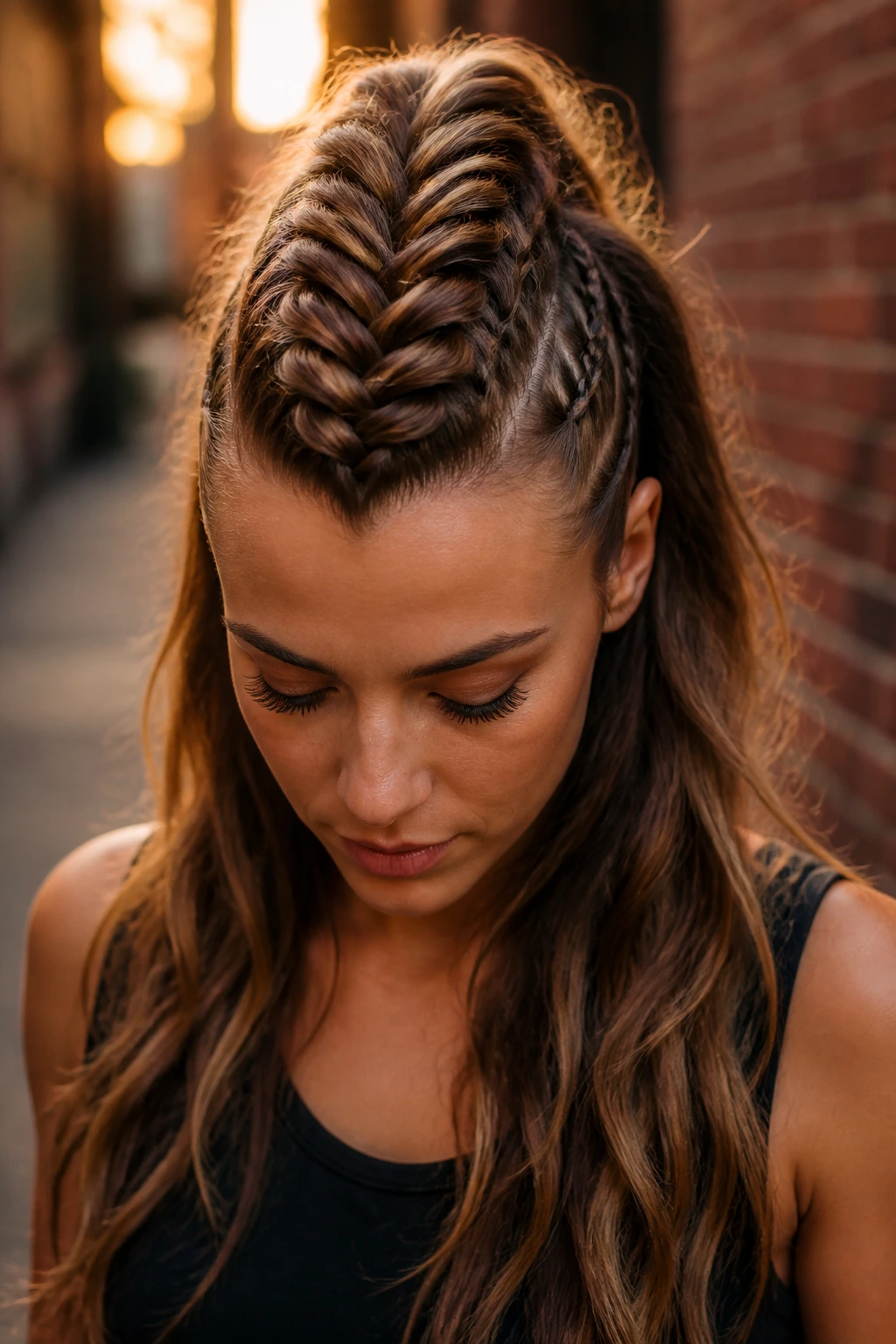 Close-up portrait of a real woman with a centered fishtail spine hawk mohawk in golden-hour street light.