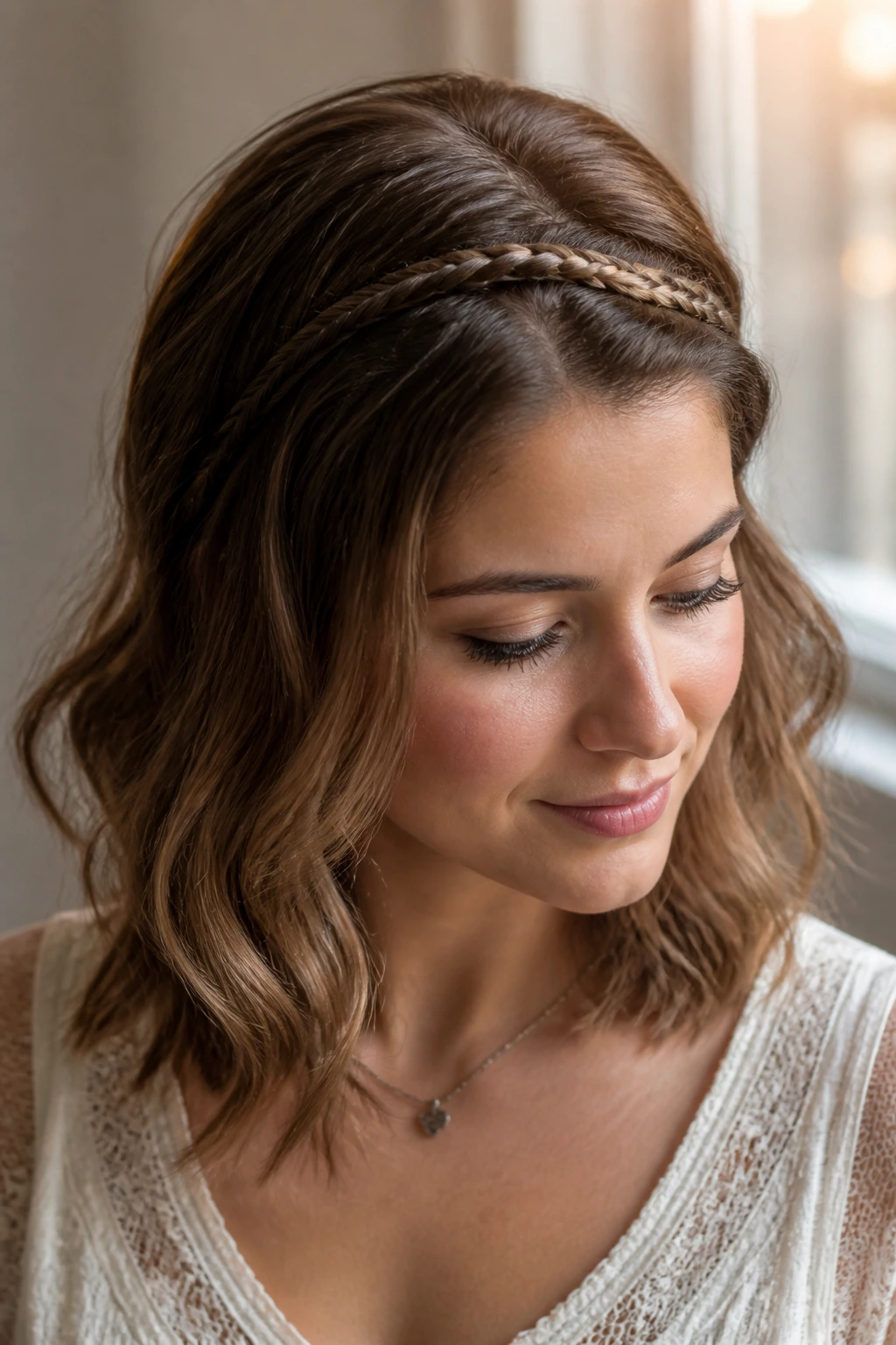 Close-up of a real woman with a narrow fishtail headband braid along the hairline and open hair.