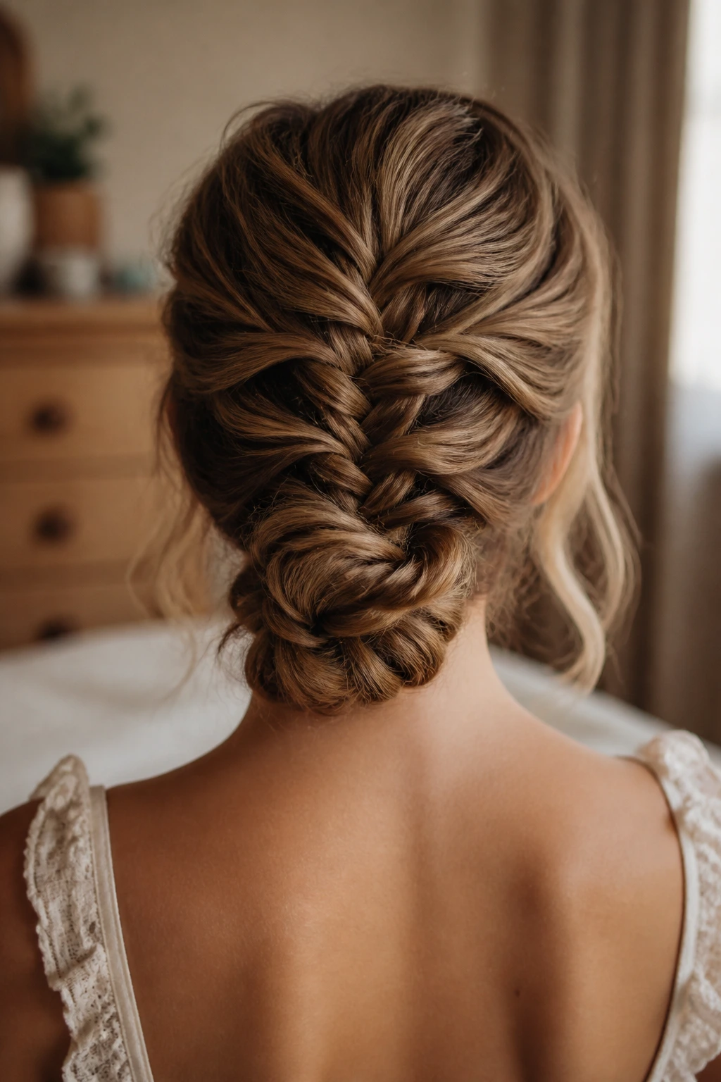 Back of head real person fishtail to low chignon in warm indoor light