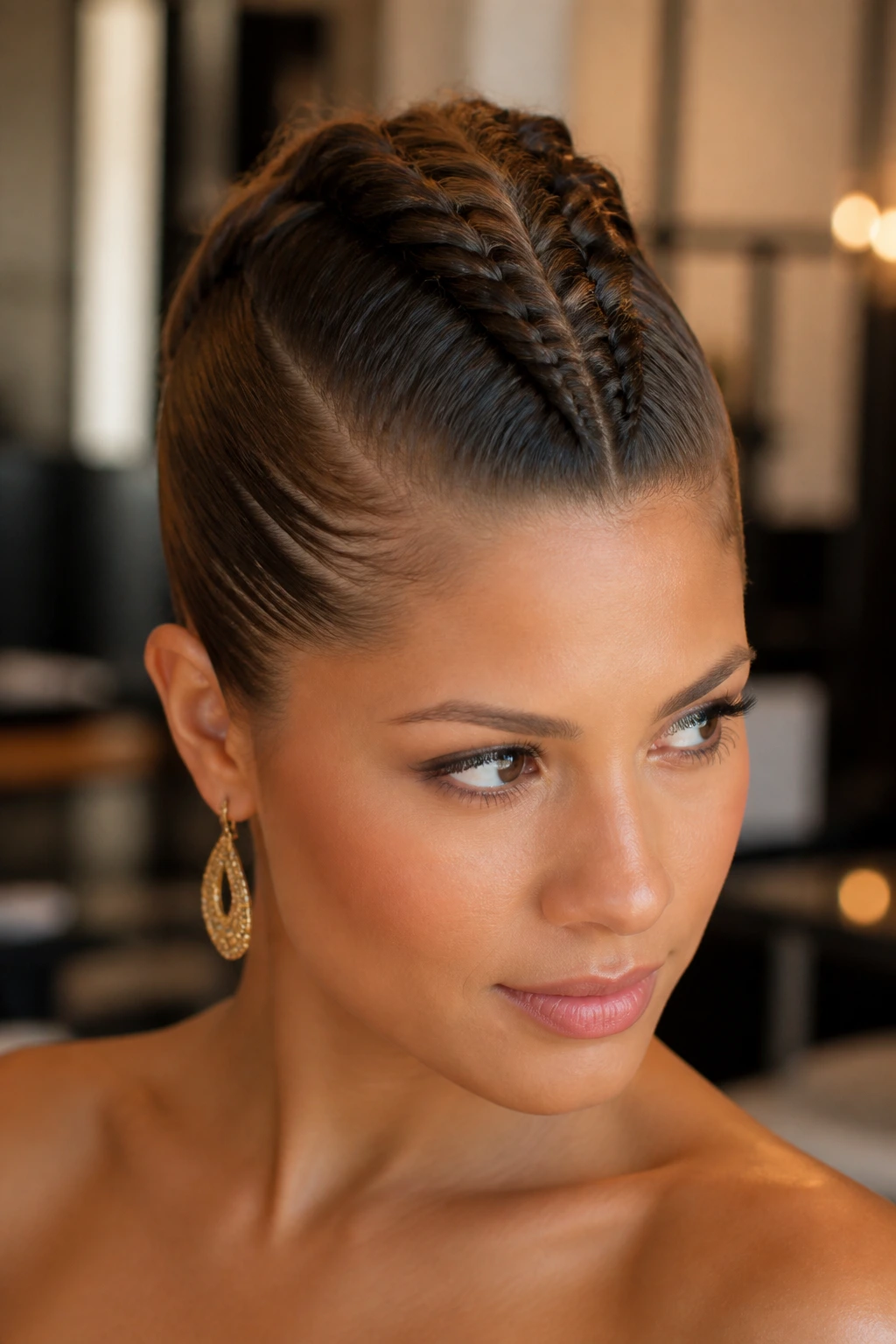 Close-up of real person with center fishtail mohawk braid in salon lighting
