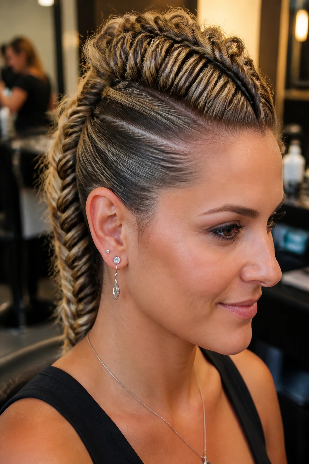 Close-up of a real woman with a raised fishtail mohawk braid on the crown