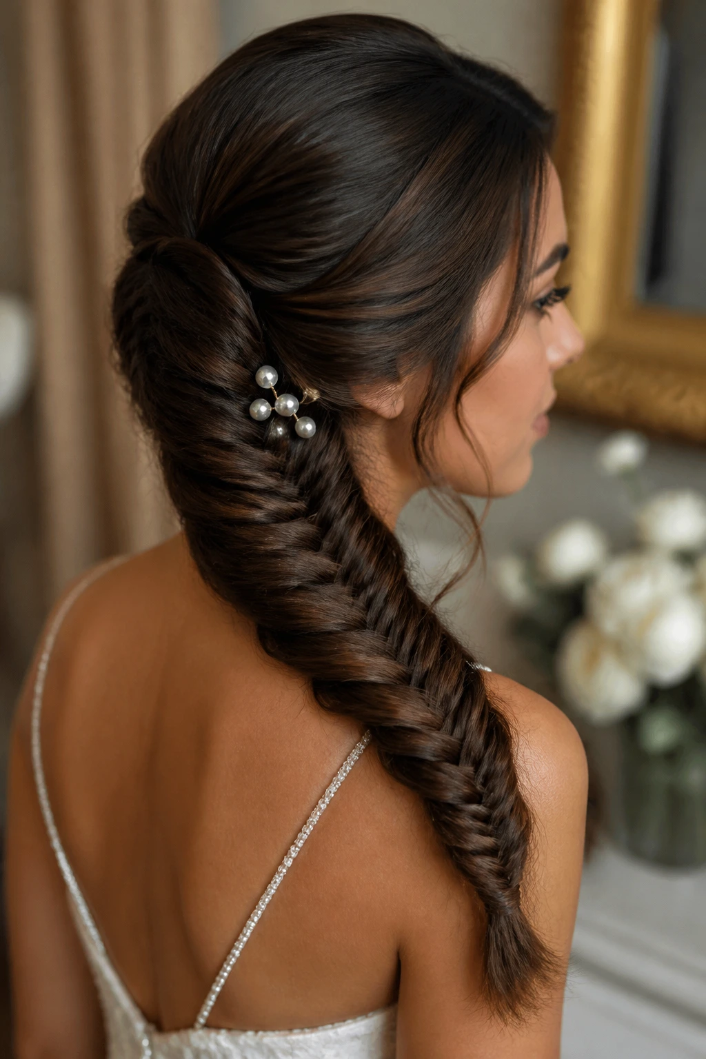 Real person wearing a pearl-pinned fishtail in an elegant room