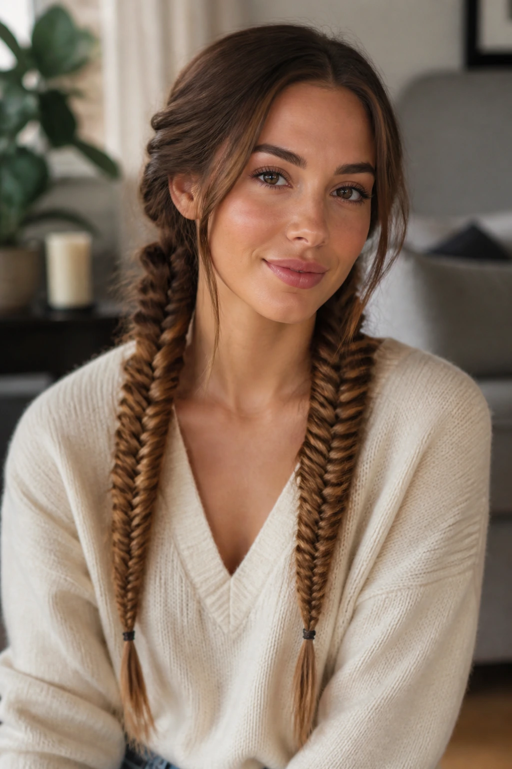 Medium close-up of a real woman with double fishtail pigtails in natural light