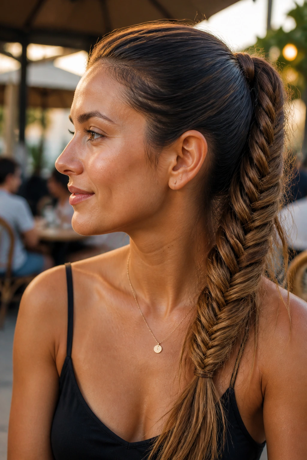 Close-up of a real woman with a fishtail ponytail showing intricate braid texture