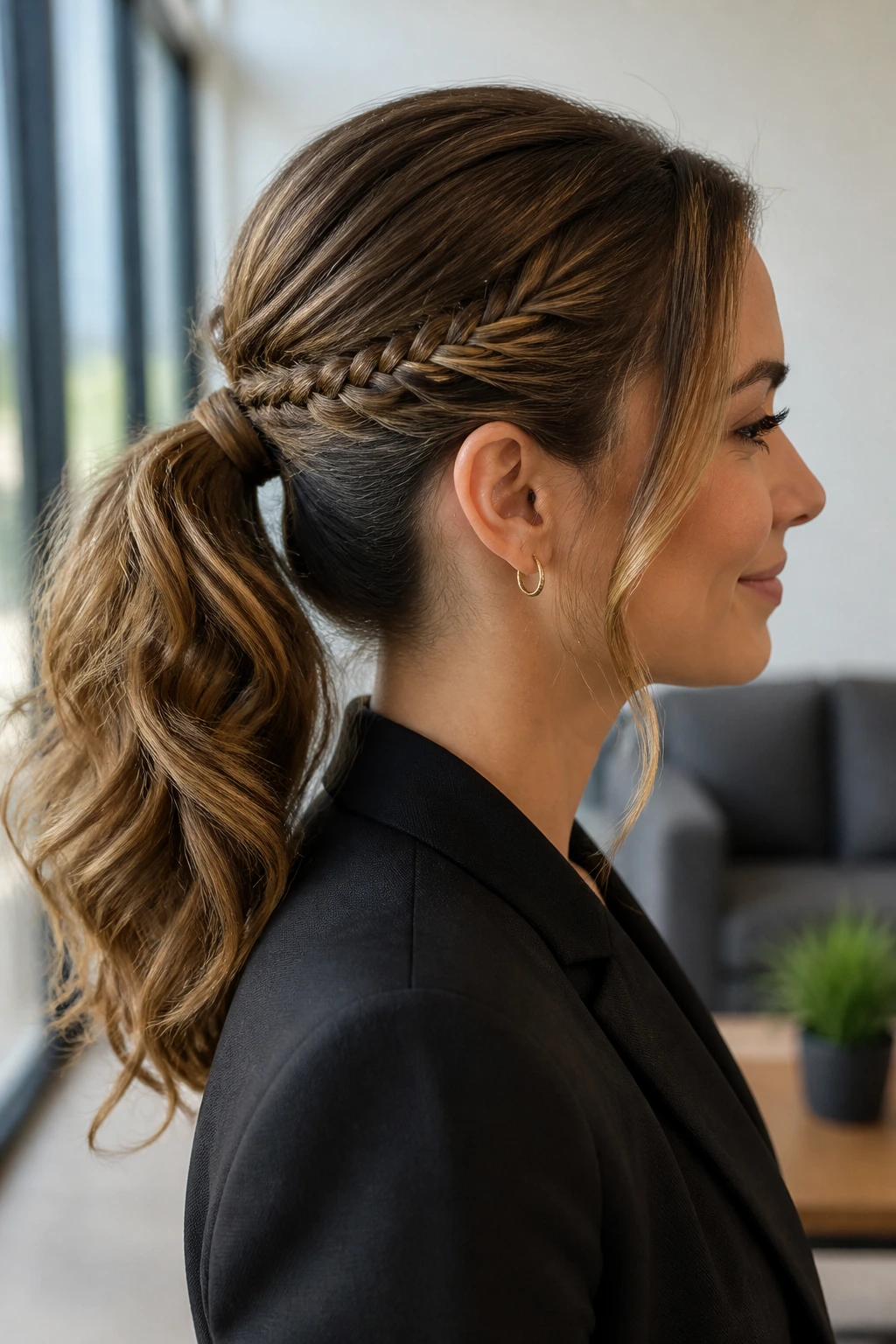 Real woman with fishtail-accent ponytail in office setting