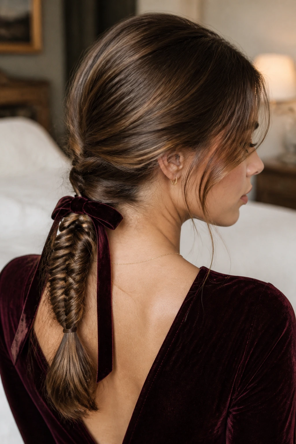 Close-up of a real woman with a low fishtail ponytail tied with a velvet ribbon