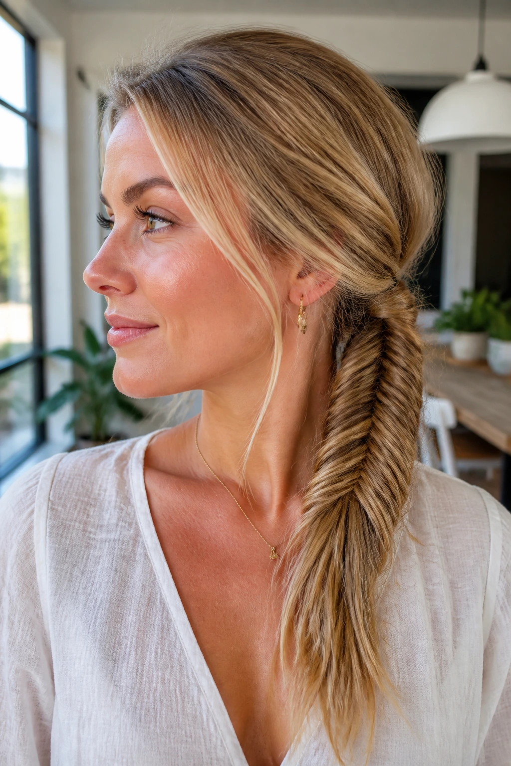 Close-up of a real woman with a fishtail braid woven into a ponytail