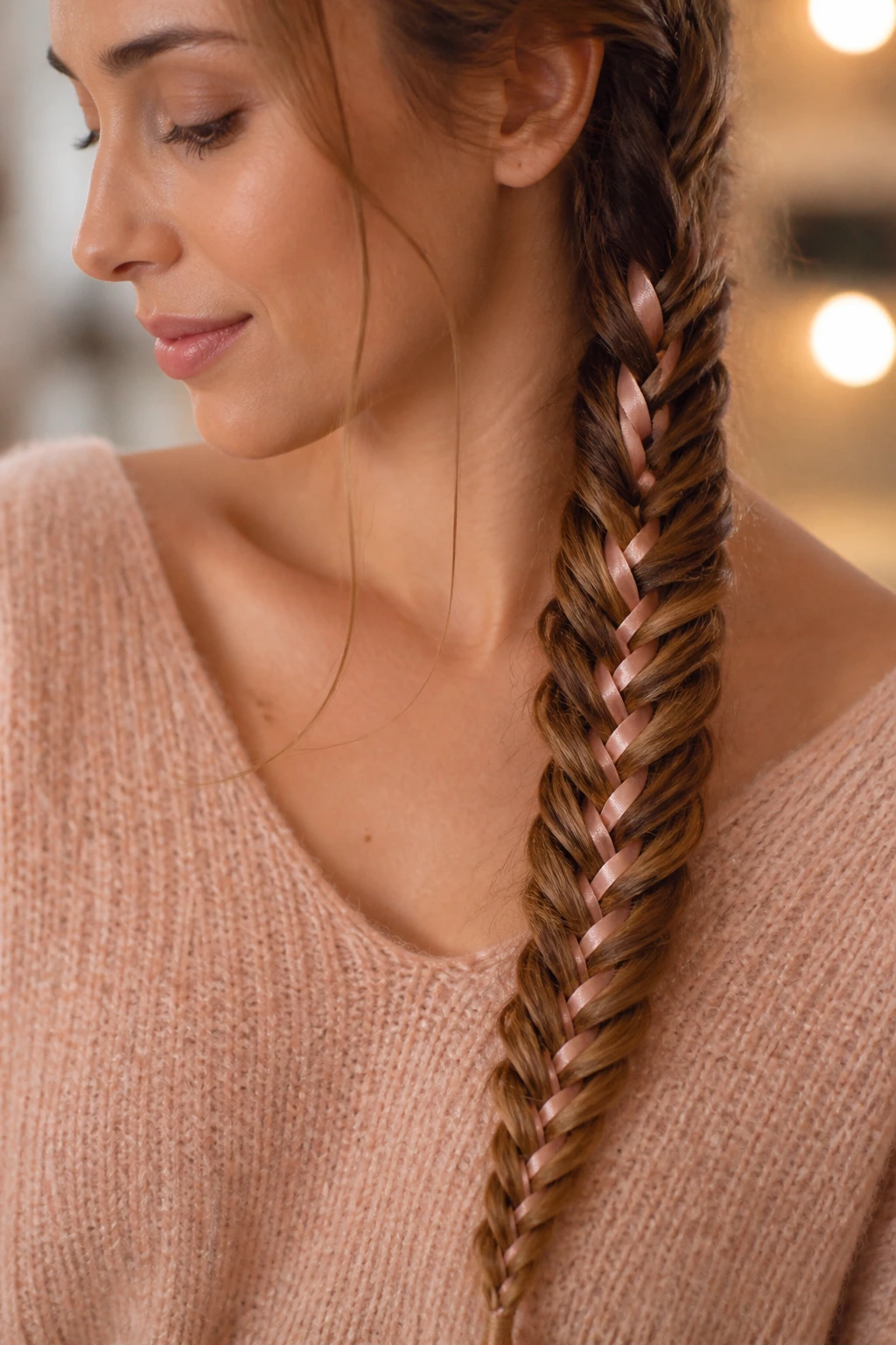 Close-up of a woman with a fishtail braid woven with a ribbon