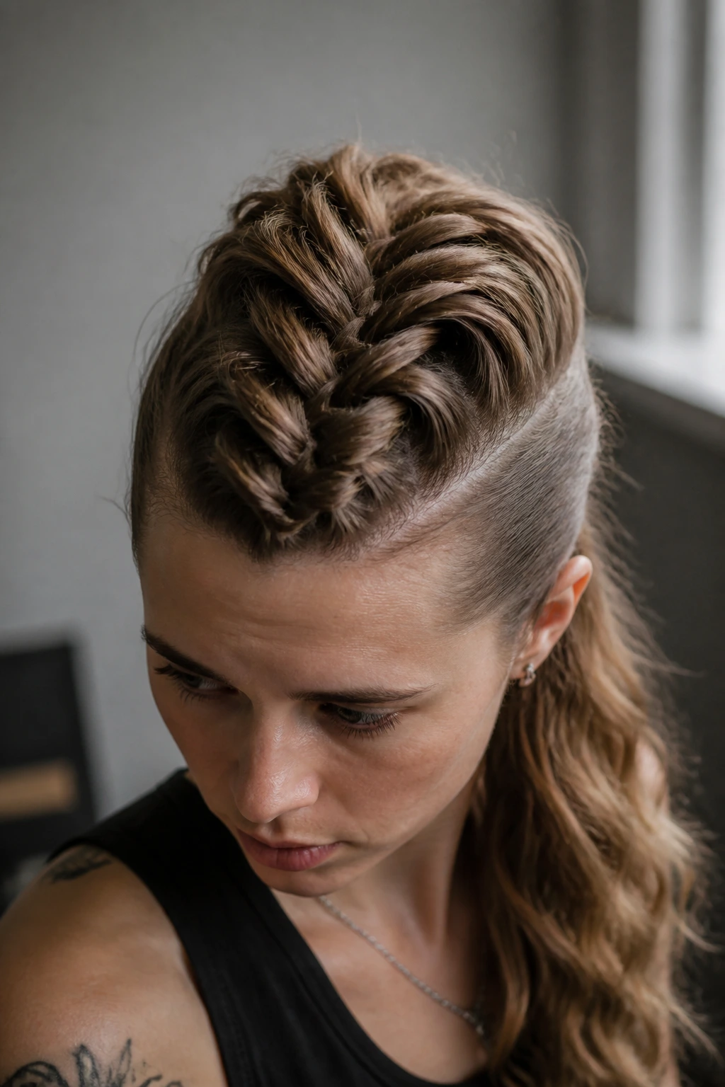 Close-up portrait of a real person with a long hair fishtail ridge mohawk.