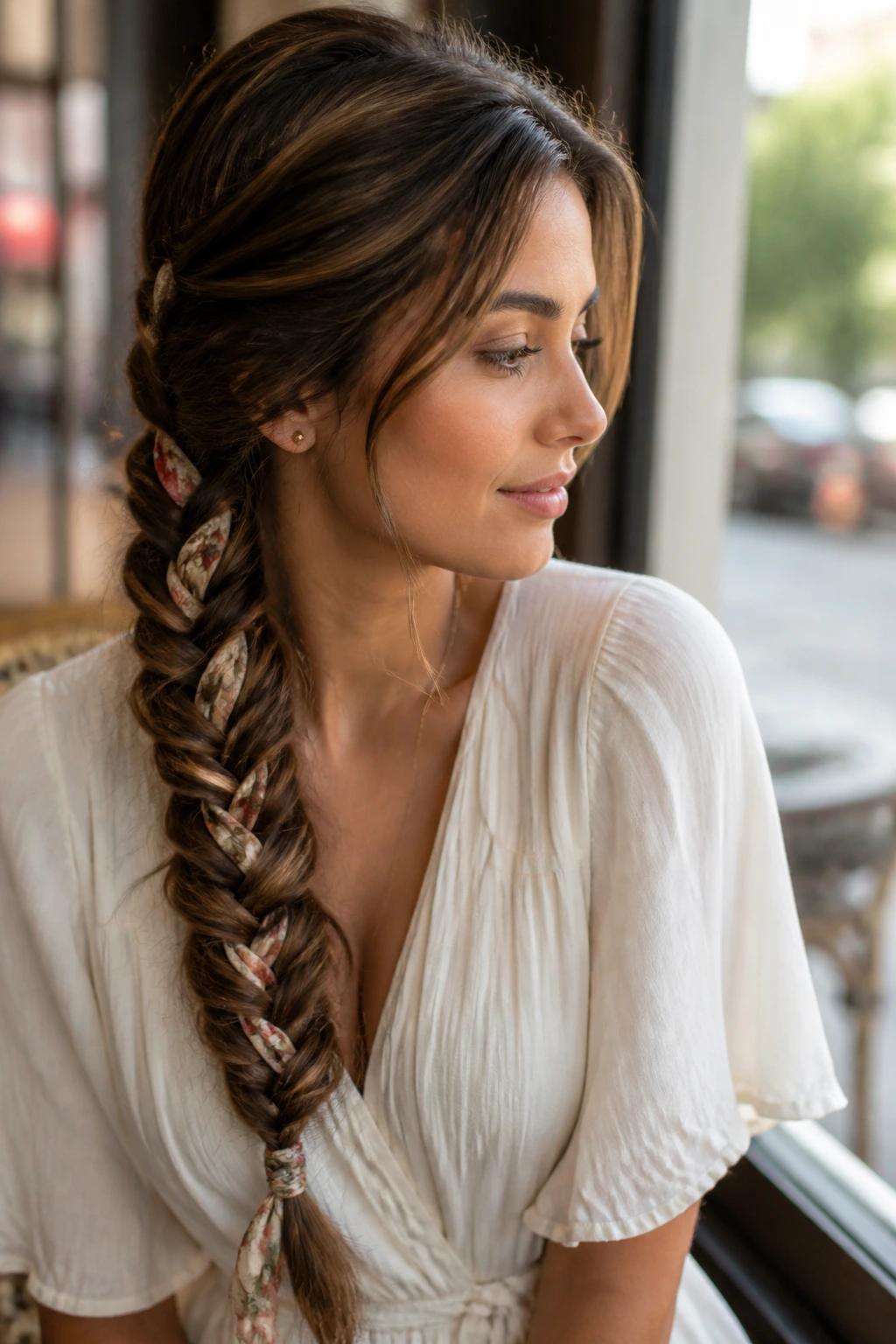 Close-up of a real woman's head showing a fishtail braid woven with a narrow scarf