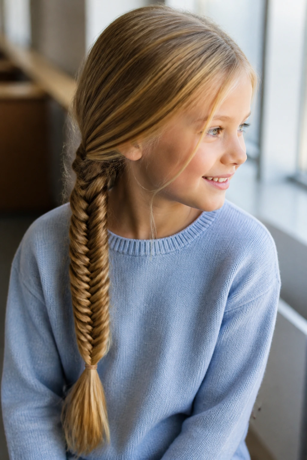 Close-up of a real child with a fishtail side braid