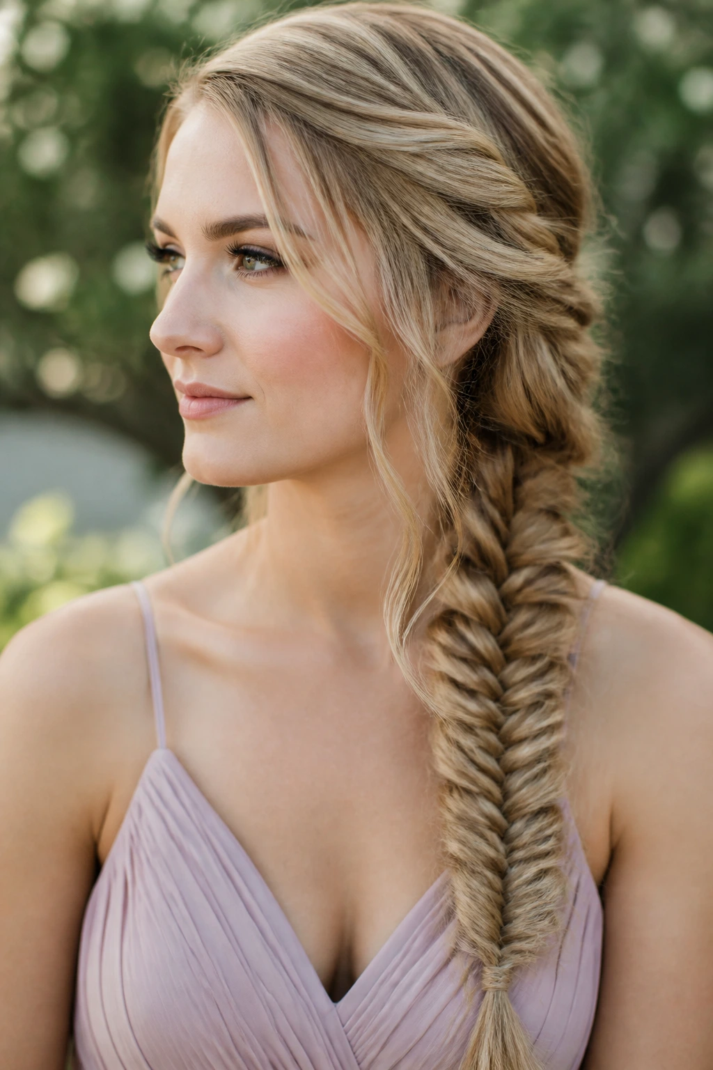 Close-up of a woman with a fishtail side braid hairstyle.