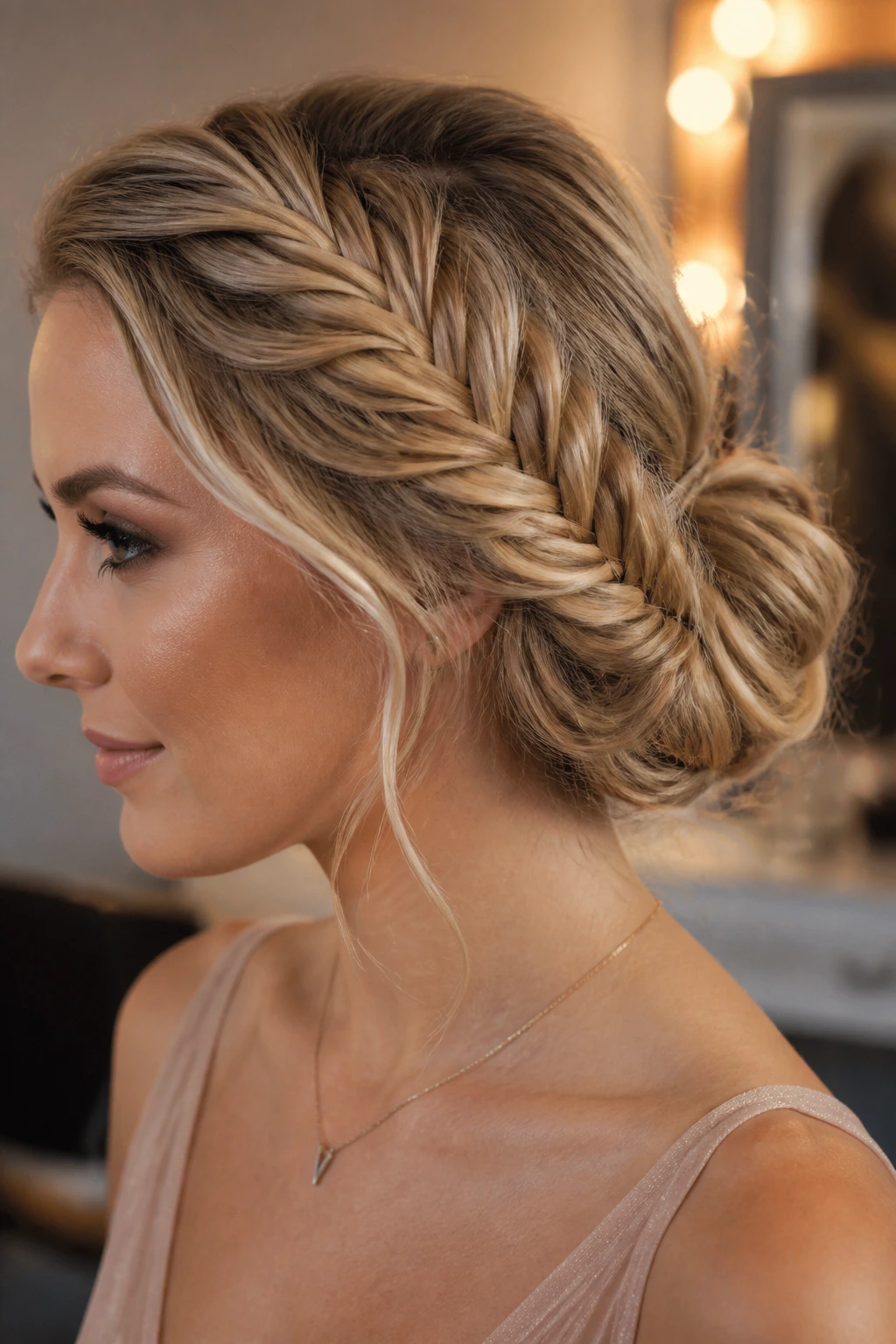 Close-up portrait of a real woman with Fishtail Side Bun behind the ear