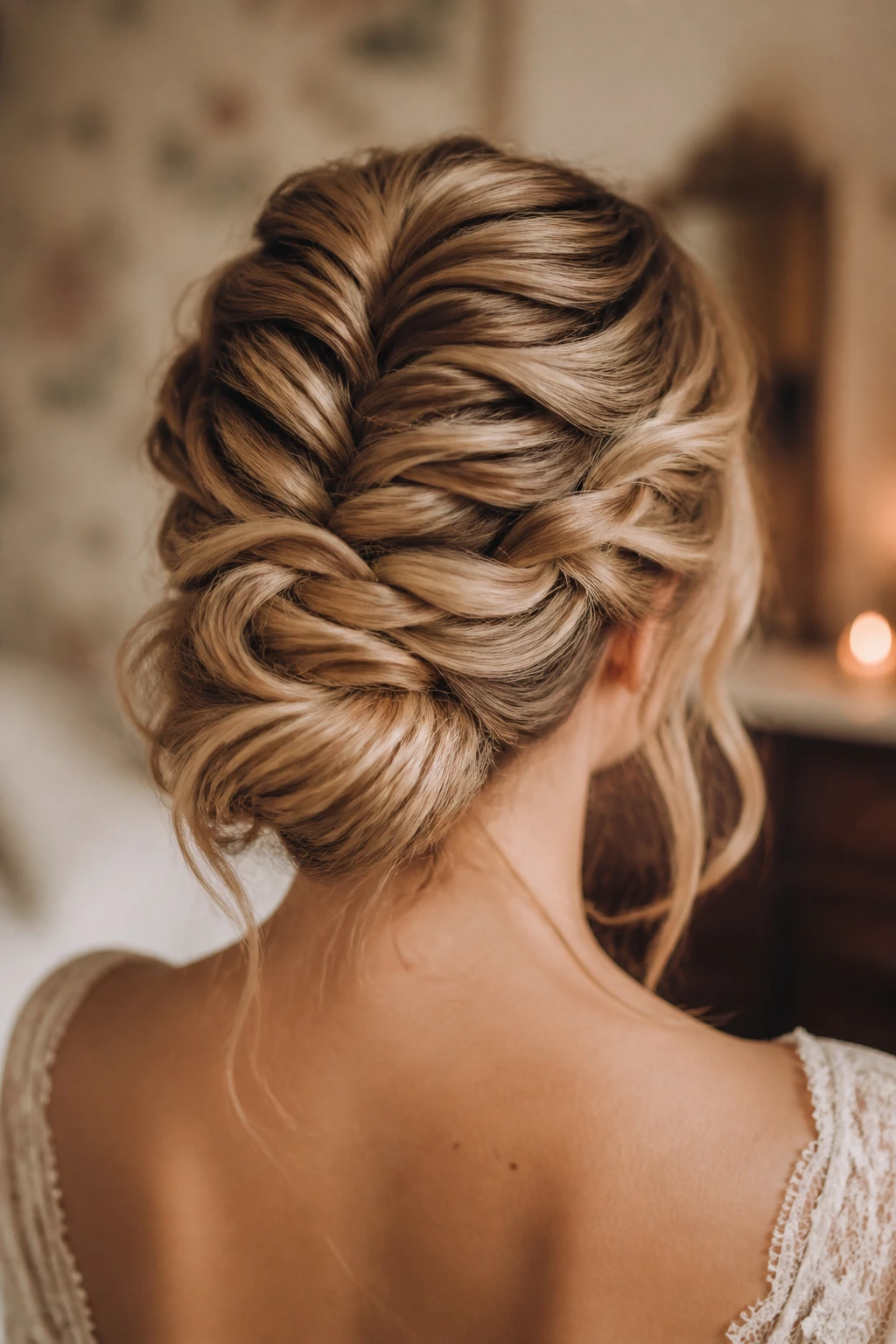 Back view of a real person with a soft romantic fishtail updo and wisps framing the face.