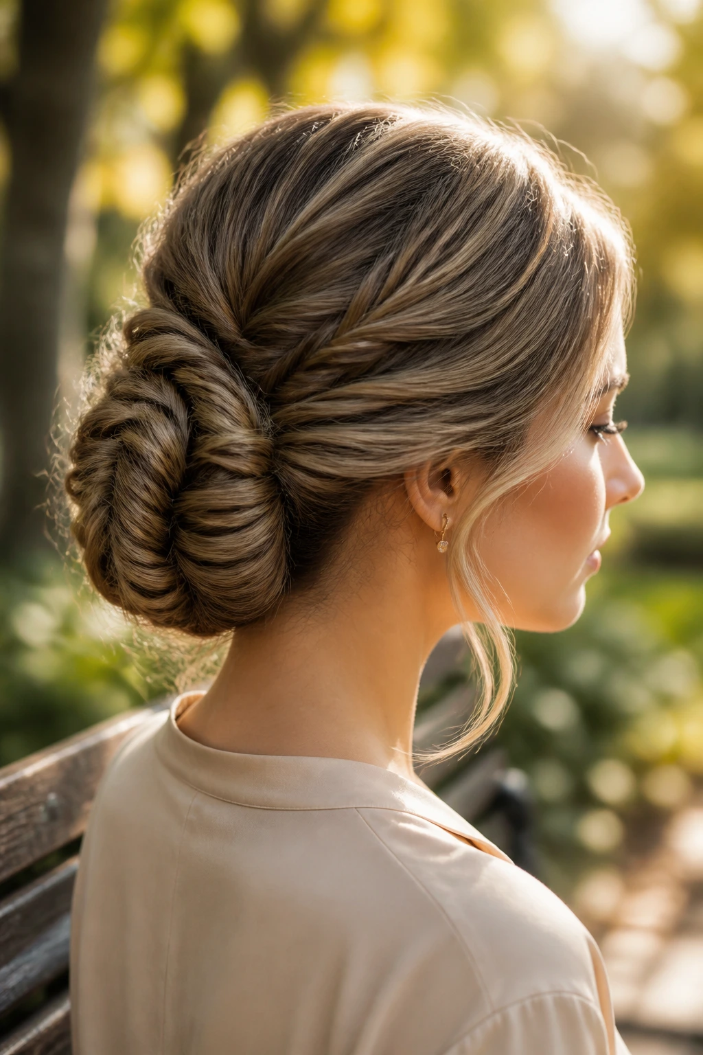 Close-up of a real woman with a fishtail-woven bun