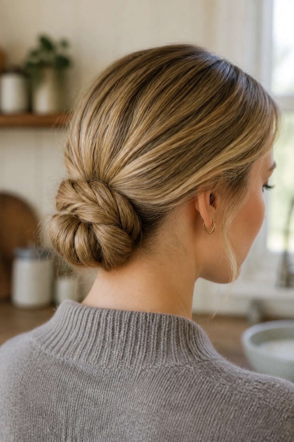 Close-up portrait of a real woman with fishtail wrap bun