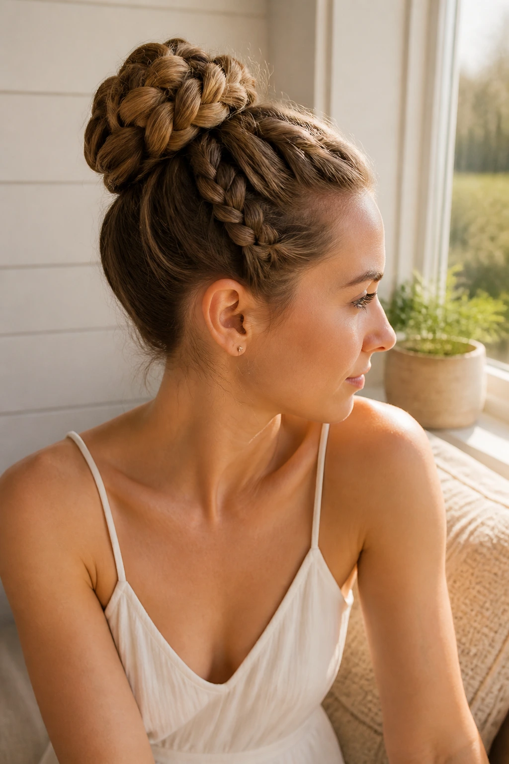 Mid-shot portrait of a real woman with a fishtail wrapped bun and woven texture.