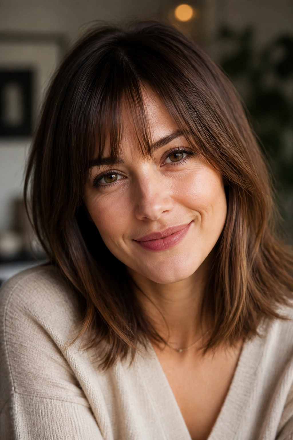 Close-up of a real woman with a flattering fringe that fits her face