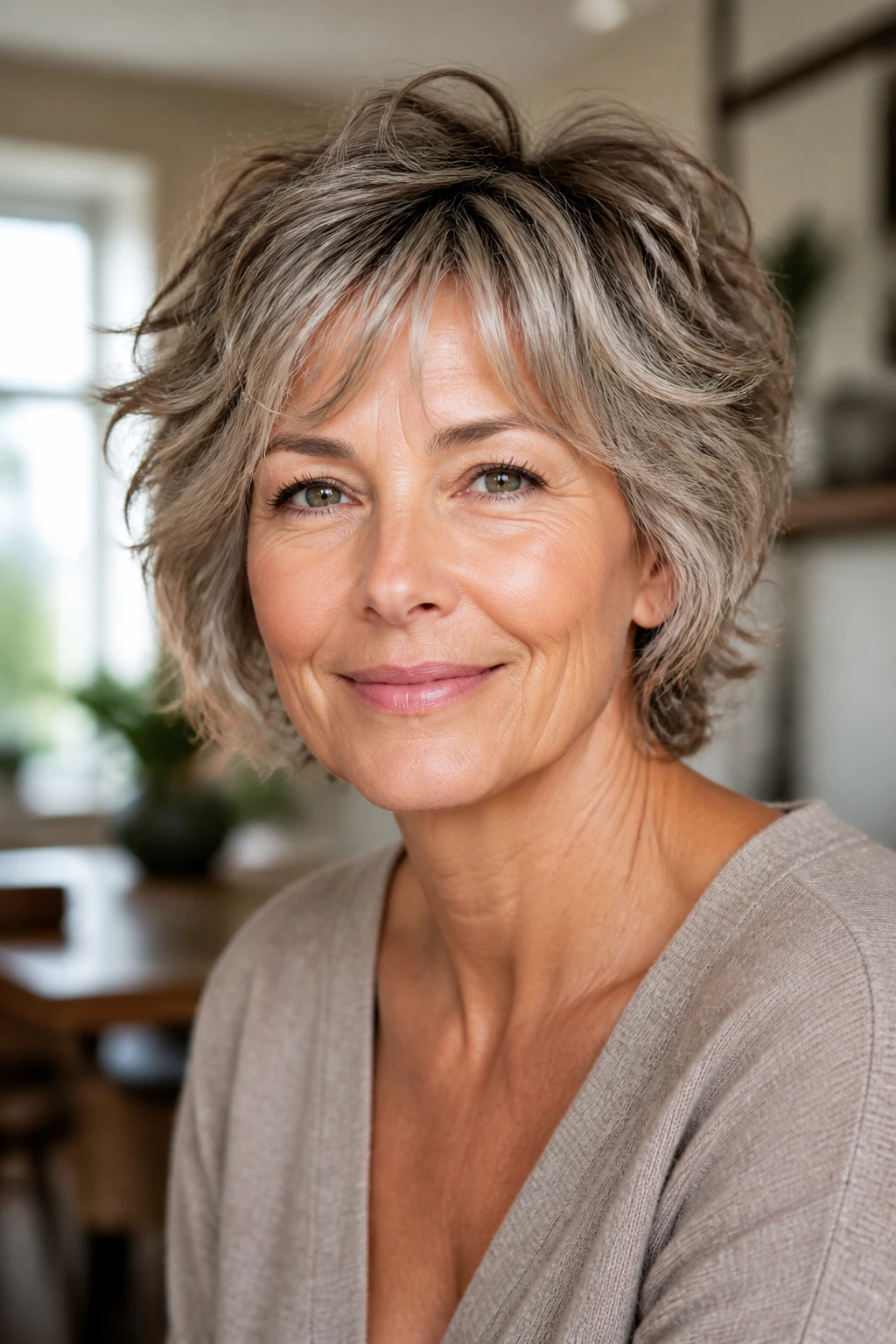 Portrait of woman with versatile short shag in a stylish home