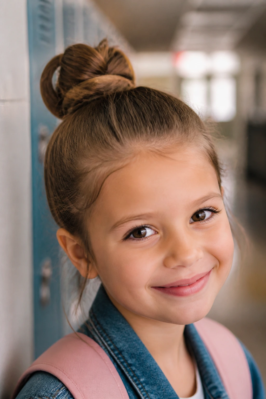 Close-up of a real child with a quick five-minute bun in a hallway