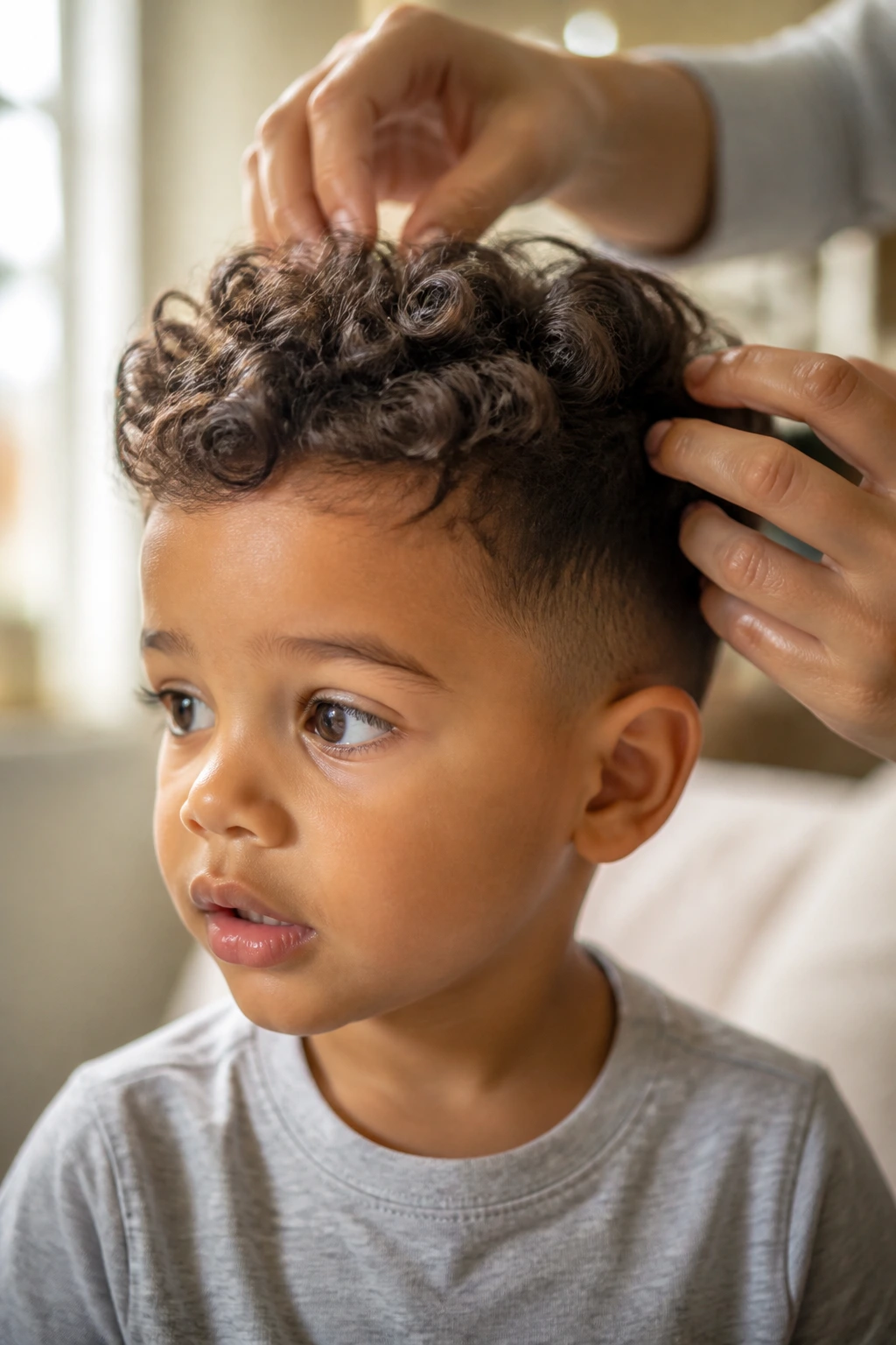 Toddler boy curls being styled in five-minute routine