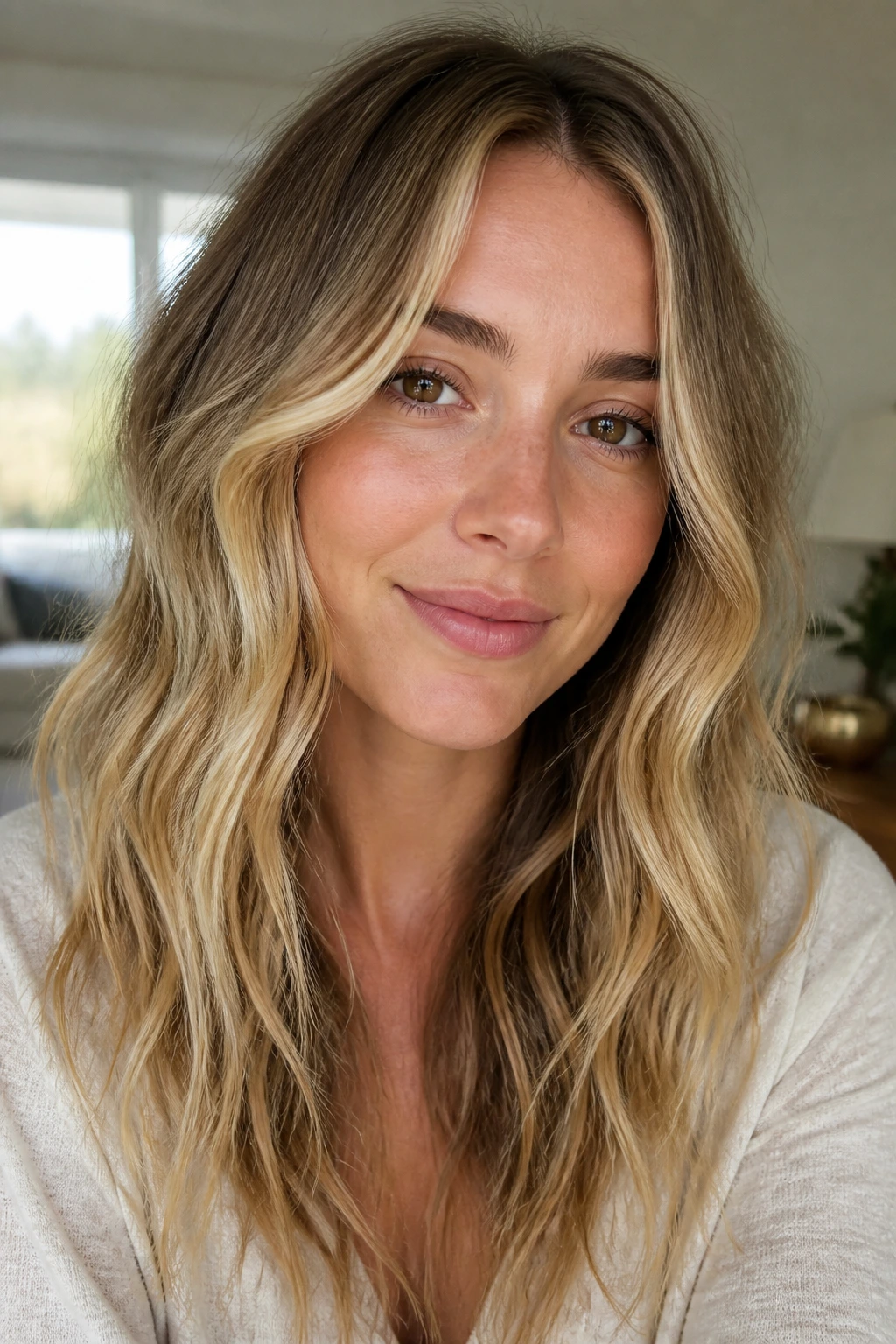 Real woman with casual five-minute waves in morning light