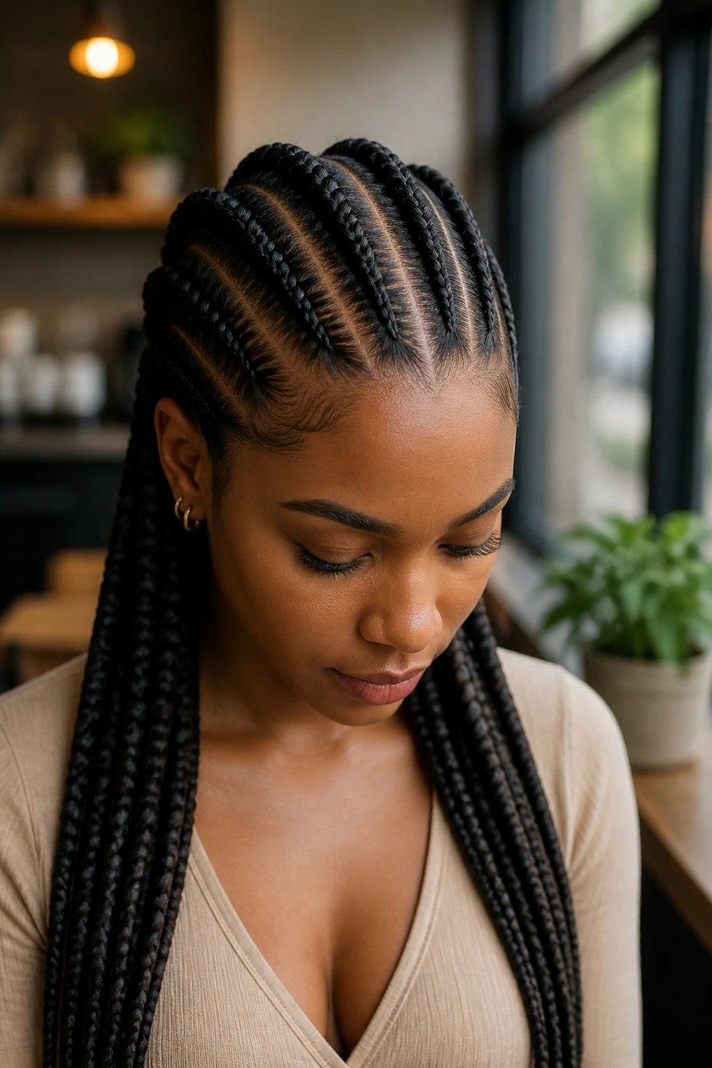 Close-up of a real woman with five evenly spaced feed-in braids along the scalp