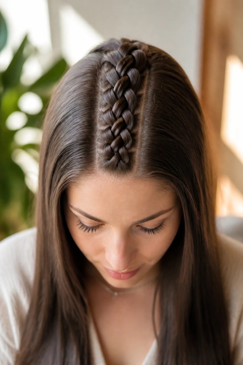 Real person with centered five-strand braid showing intricate pattern