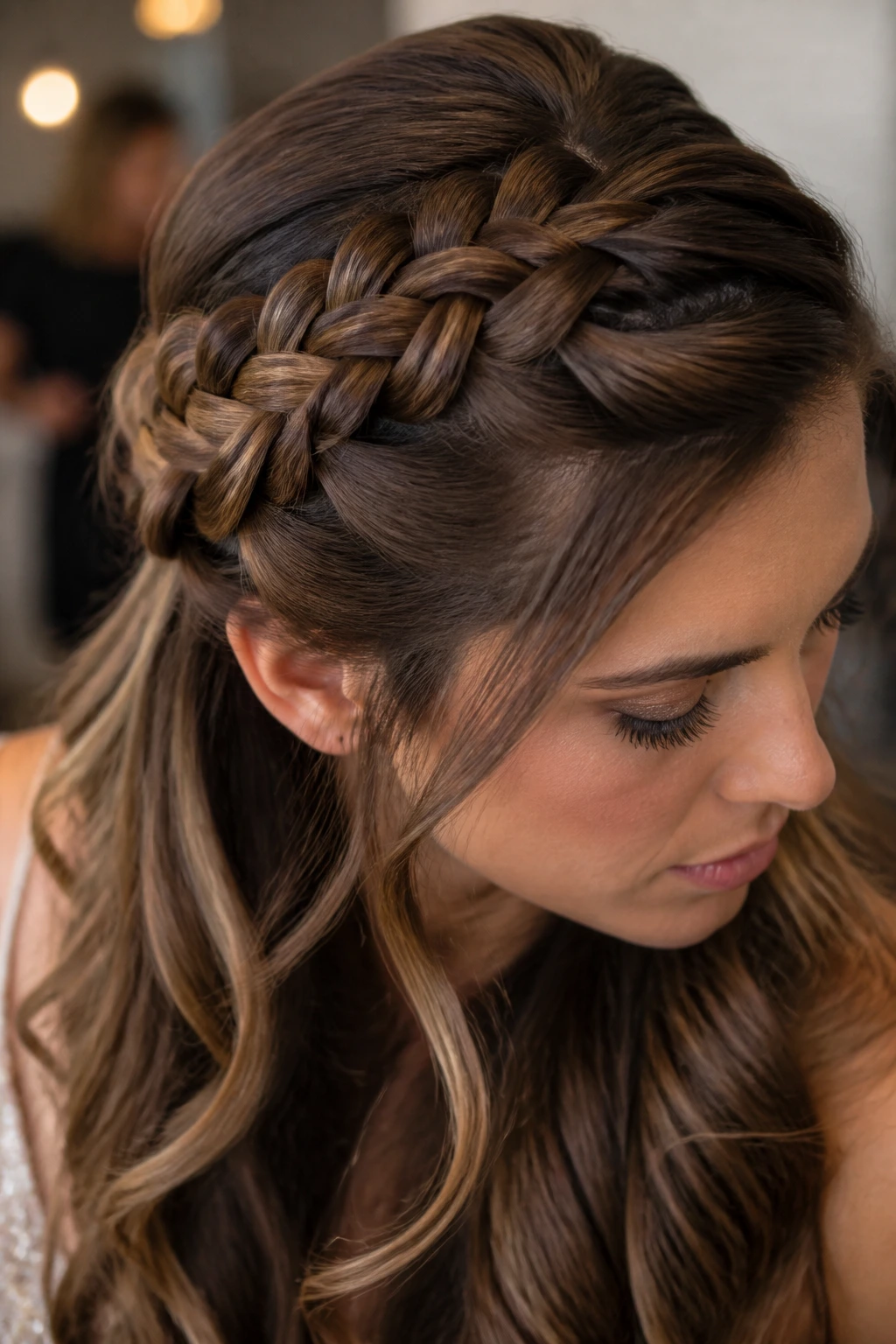 Close-up of a real woman with a five-strand braid along the crown in a backstage setting