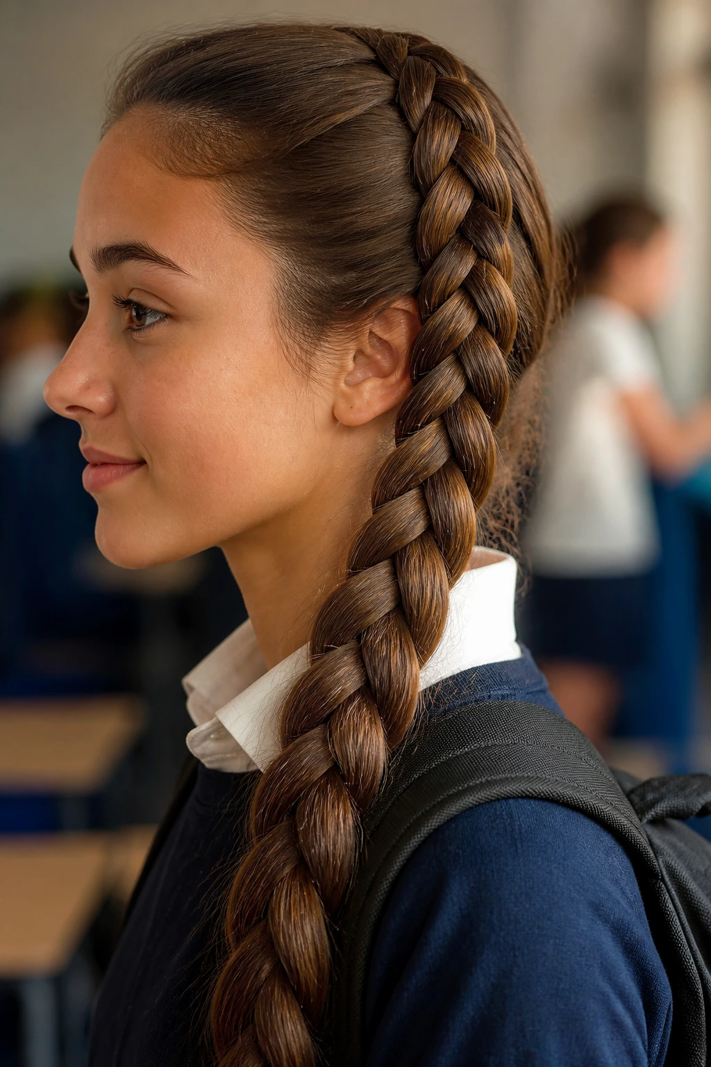 Close-up portrait of a real student with a five-strand braid