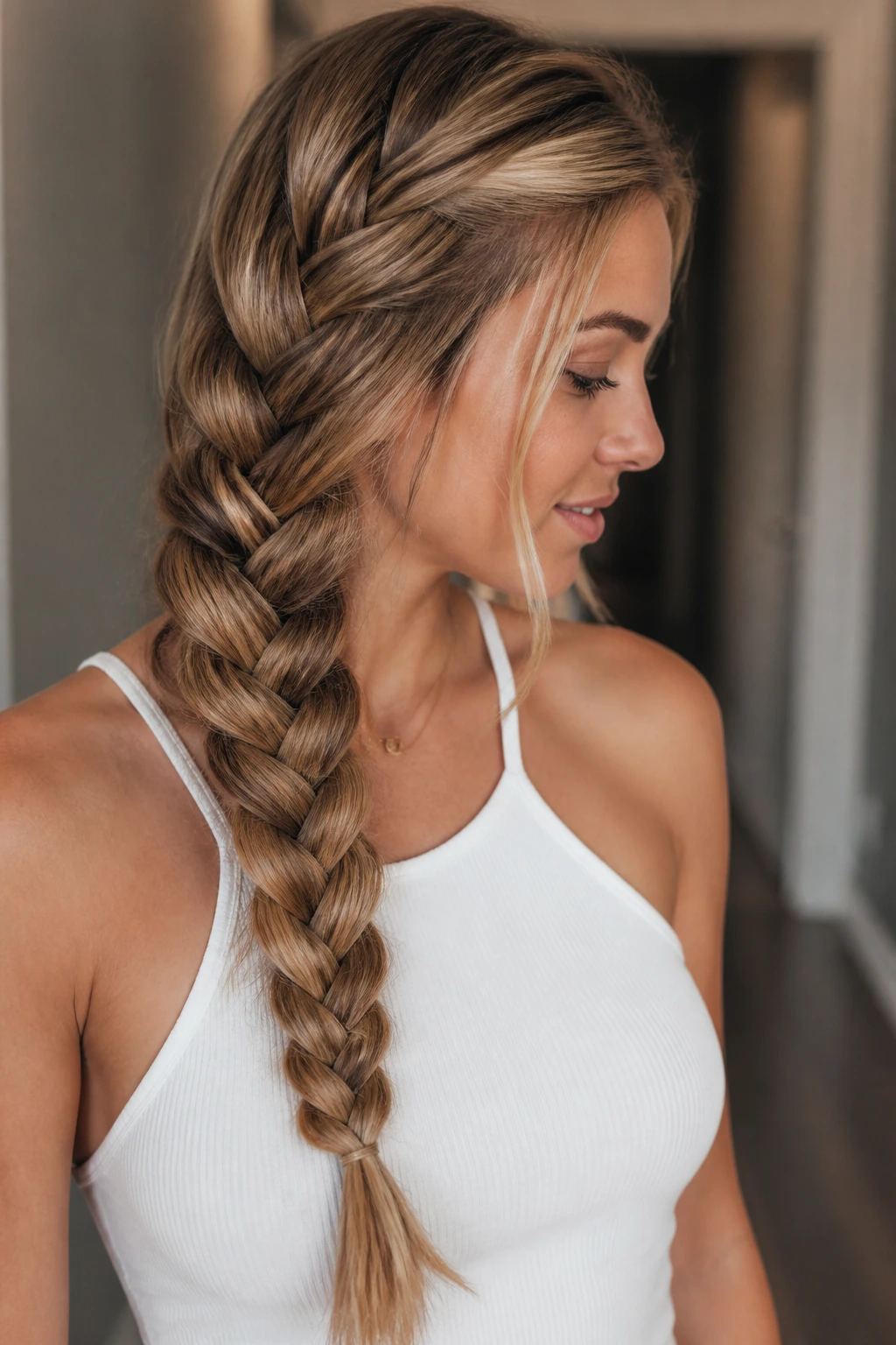 Real woman with a five-strand braid in hallway