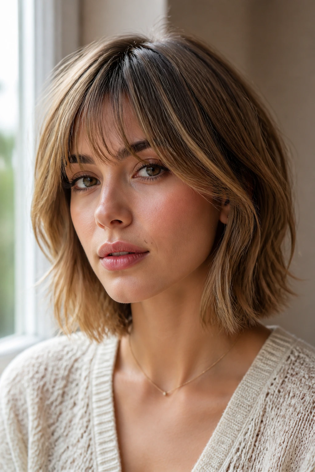 Close-up of a real person with lob showing fringe and subtle wave variations
