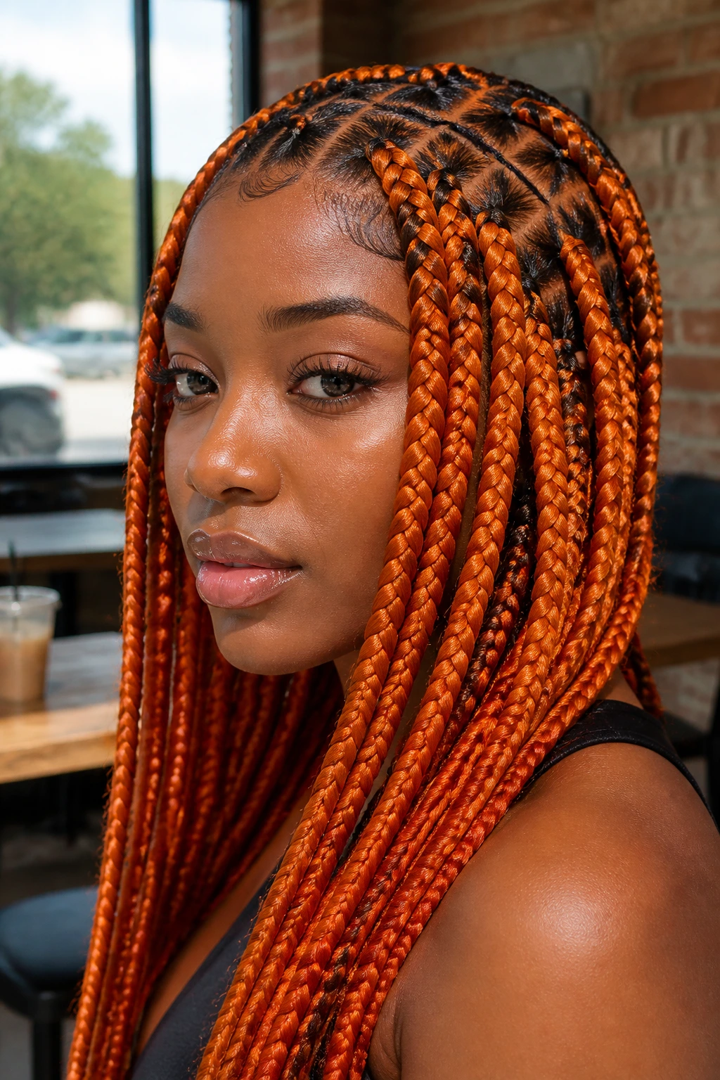 Close-up portrait of a woman with flame-orange box braids in a cafe setting