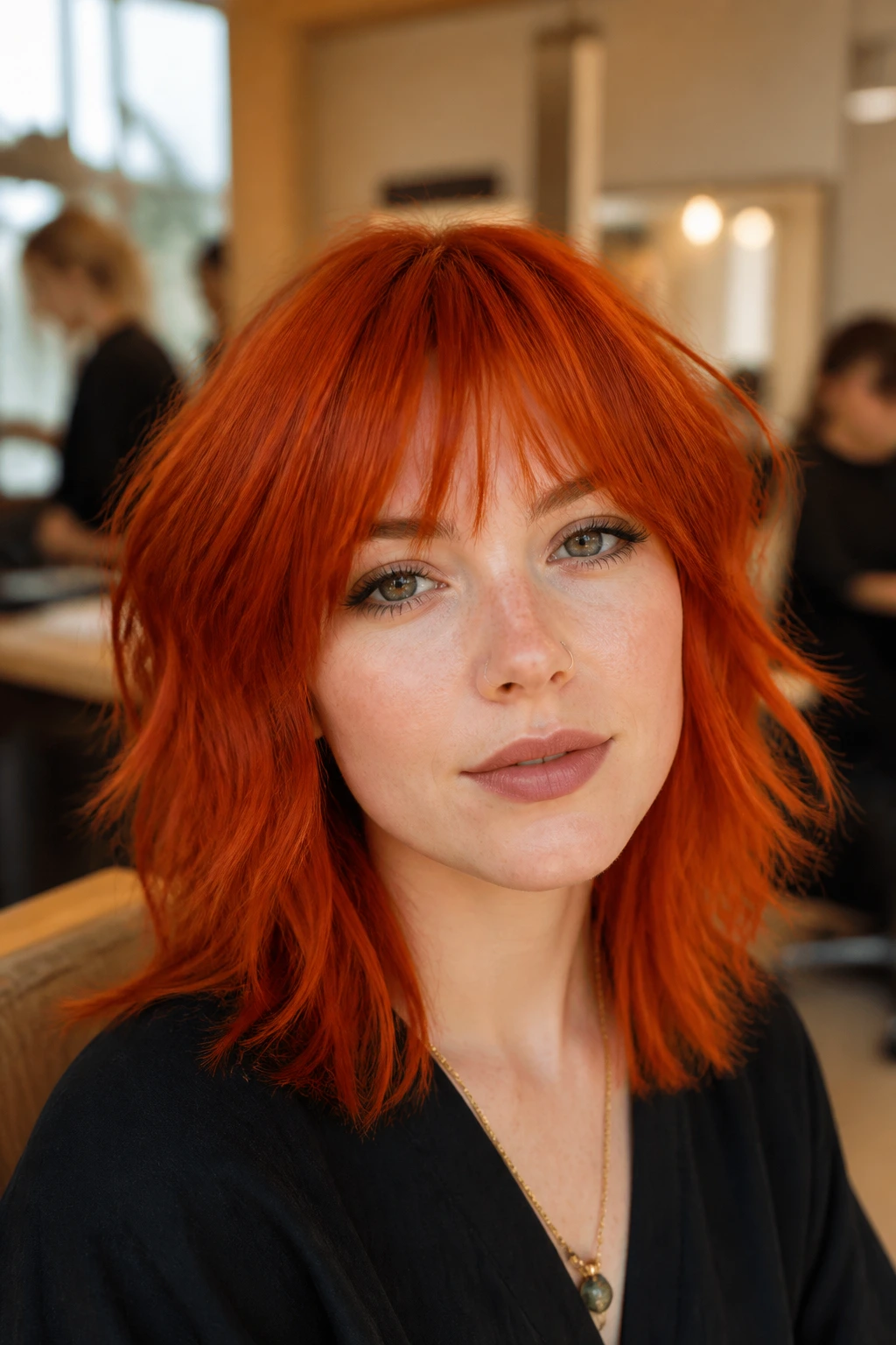 Close-up of flame-red shag with a piecey fringe on a real woman in a salon