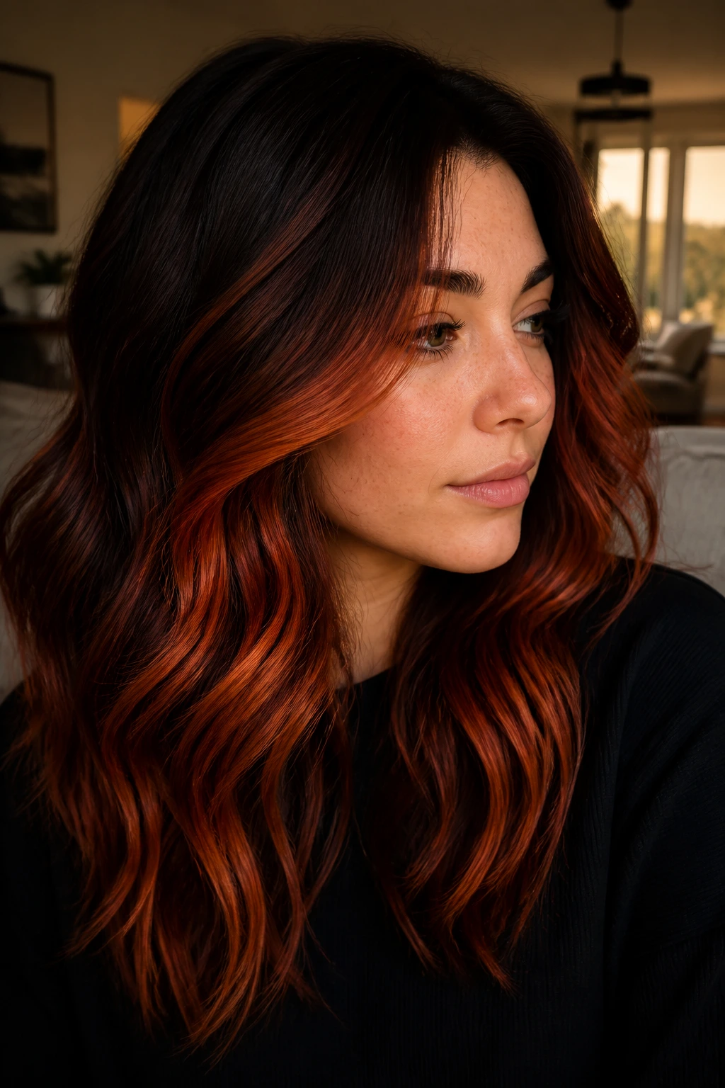 Close-up of a real woman with flame-tip balayage on dark hair