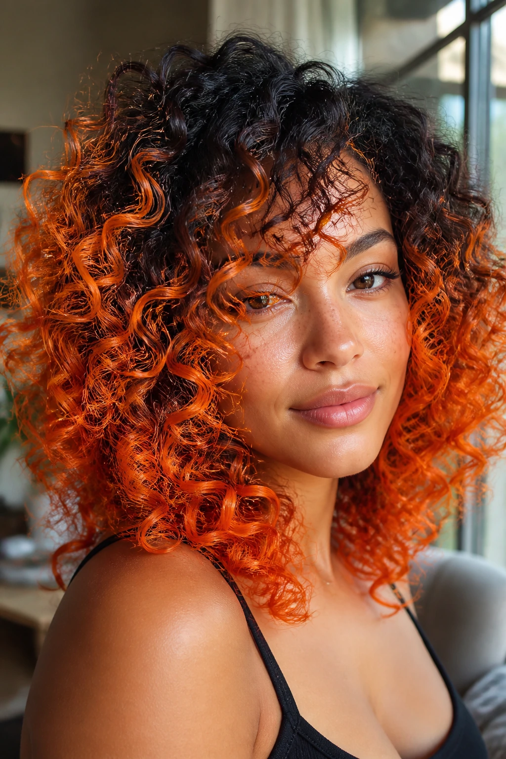 Close-up of a real woman with dark roots and flame-tipped orange curls in warm window light