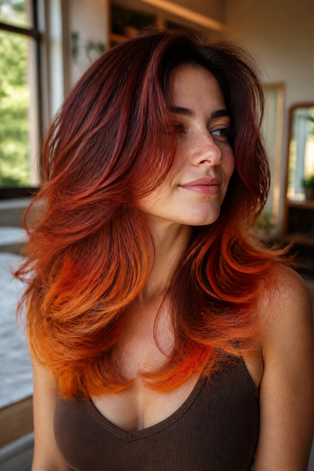 Close-up of a real woman with flame-tipped layered haircut in warm window light