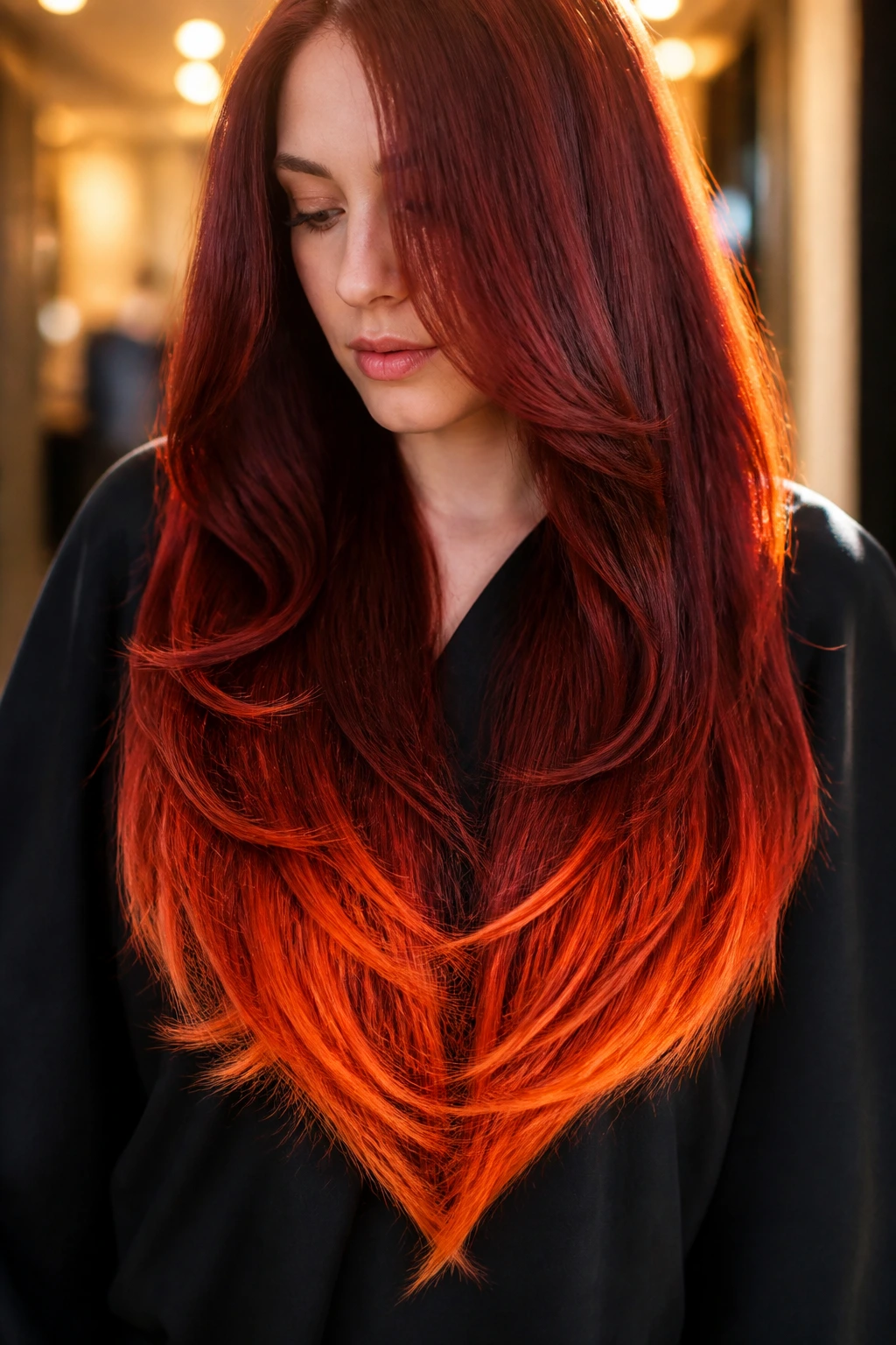 Close-up of a real woman with flame-tipped ends in long hair under warm salon lighting.