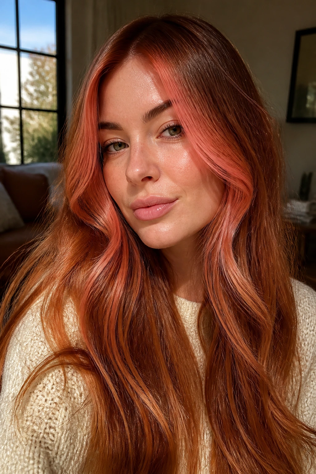Close-up of a real person with long hair showing coral-pink Flamingo Copper face-framing highlights