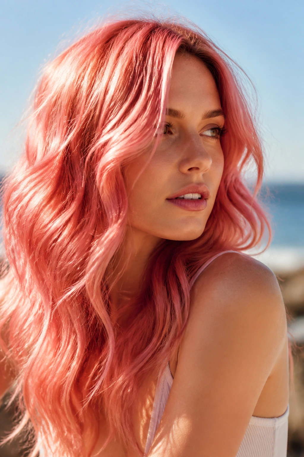 Real woman with flamingo rose waves hair in sunlit outdoor setting