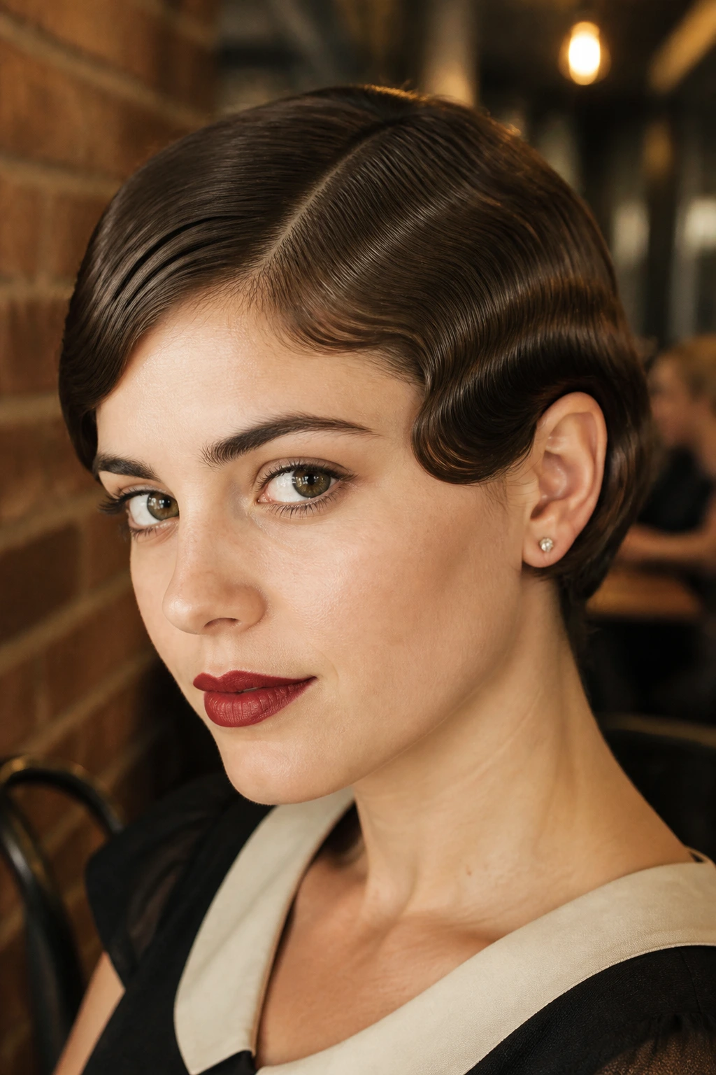 Real woman with Flapper-inspired bob and tucked sides in cafe lighting.