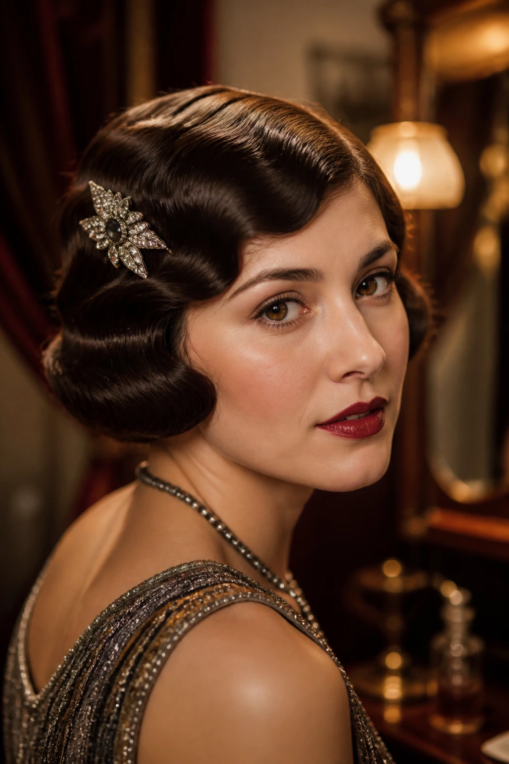 Close-up of a woman with a 1920s flapper bob, tucked waves, and jeweled clip in a vintage dressing room.