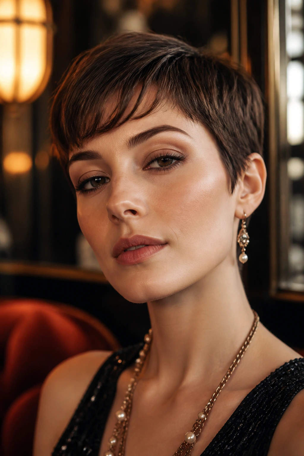 Portrait of a person with Flapper Fringe Pixie showing airy fringe across forehead.