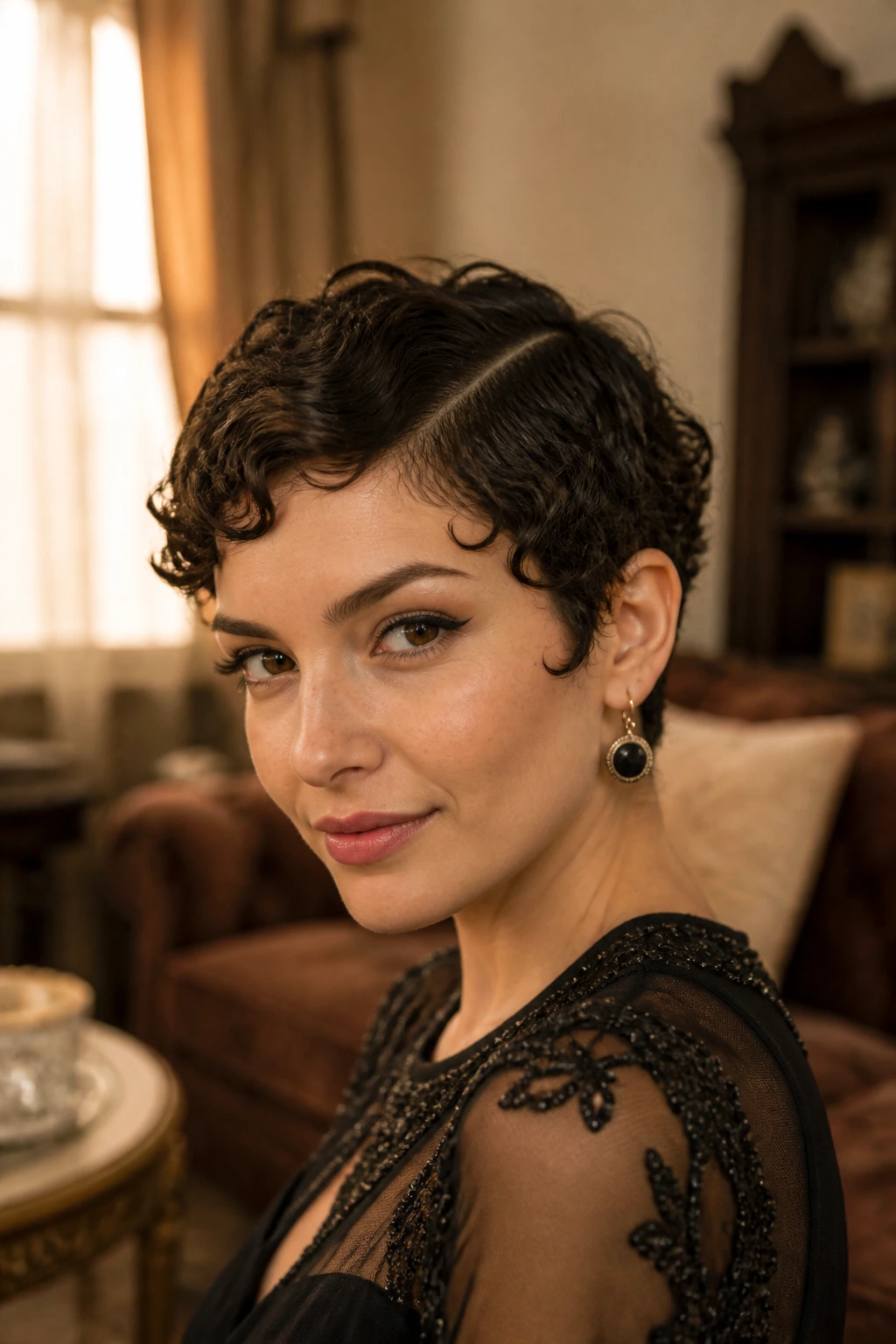 Real woman with Flapper-Inspired Short Crop in warm vintage room, side-part, close-up