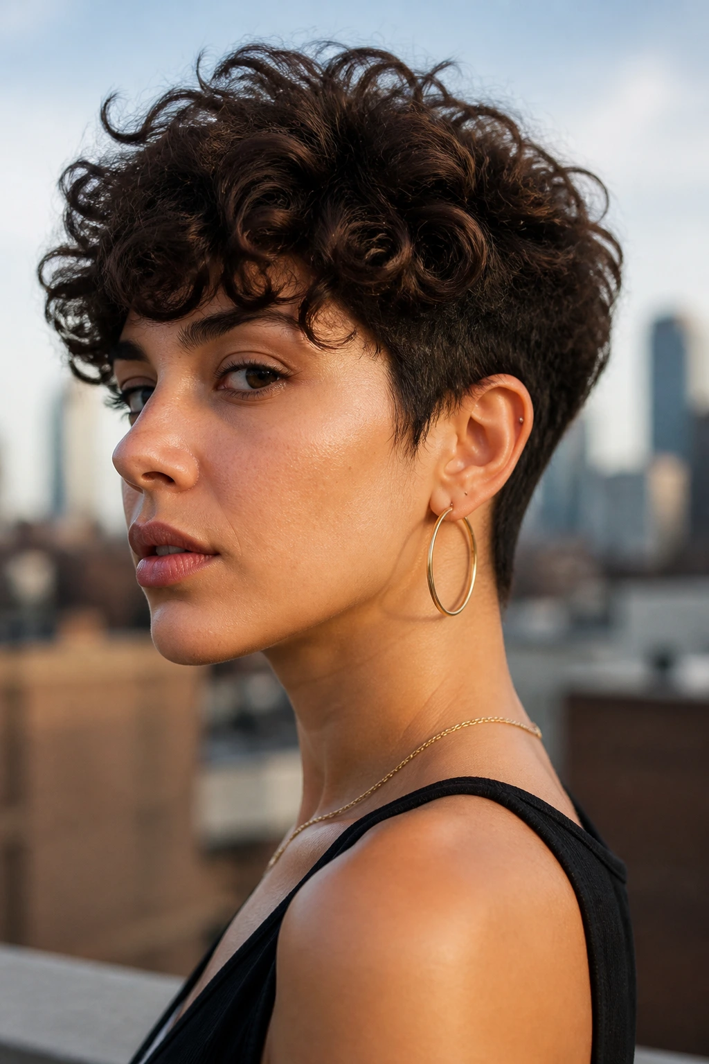 Close-up of a real woman with a flat-back crop and full top