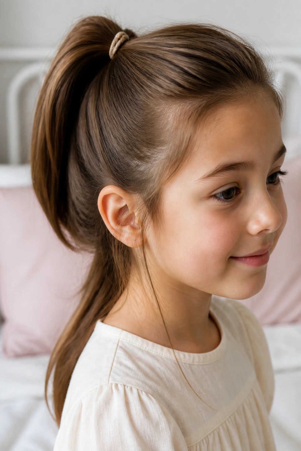 Girl wearing a small flat hair accessory in her hair.