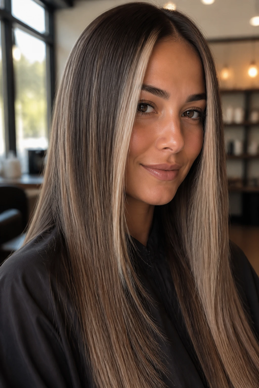 Close-up portrait of a woman with sleek straight hair showing crisp highlight placement