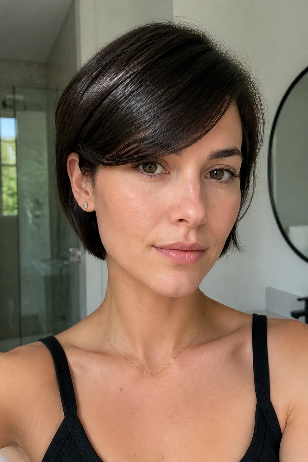 Close-up of a real person with a flat-iron bent bang shaping a smooth arc away from the face