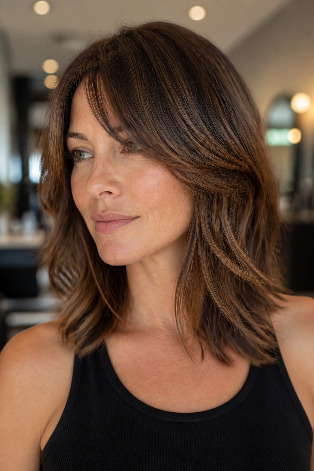 Close-up of a real woman with a mid-length bend shag in a salon