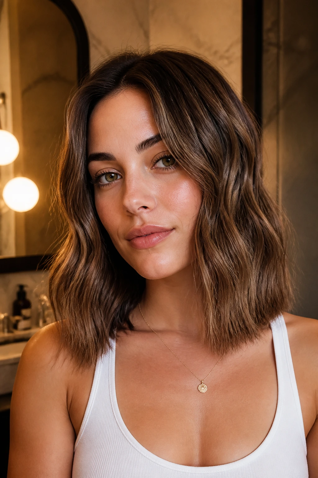 Close-up of a real person with flat-iron created bends in medium-length hair